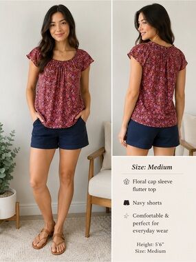 GAP Wine Floral Cap-Sleeve Flutter Top